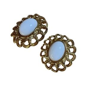 Trifari Clip On Earrings Gold White Oval Cabochon Scalloped Vintage Statement